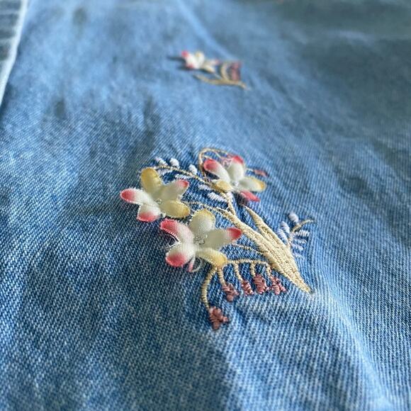 Vintage Lemon Grass Embroidered Short Sleeve Denim Button Up Raised Flower Plaid - Picture 7 of 9